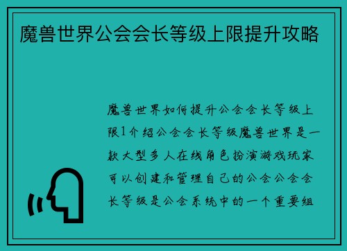 魔兽世界公会会长等级上限提升攻略